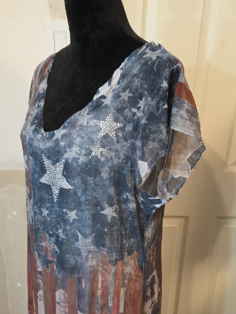 Patriotic America Maxi Dress Red White Blue Rhinestone Star V-Neck Ruffled Hem - Picture 3 of 11